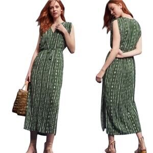 Anthropologie Vanya Porridge Printed Midi Maxi Dress VNeck Belted Green White XS